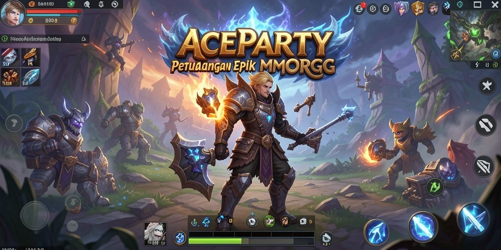 Screenshot utama ACEPARTY menampilkan aksi pertempuran epik di dunia MMORPG.