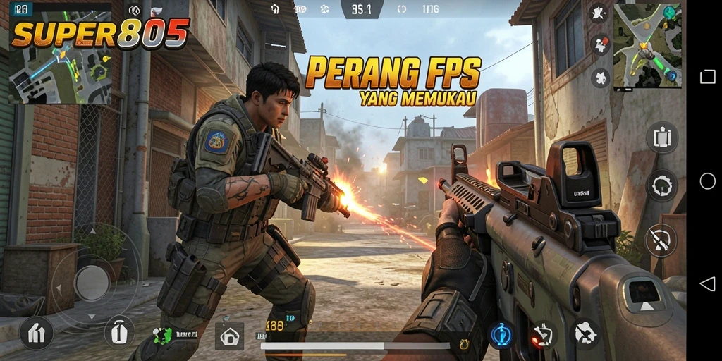 Screenshot SUPER805 menampilkan aksi pertempuran yang mendebarkan.